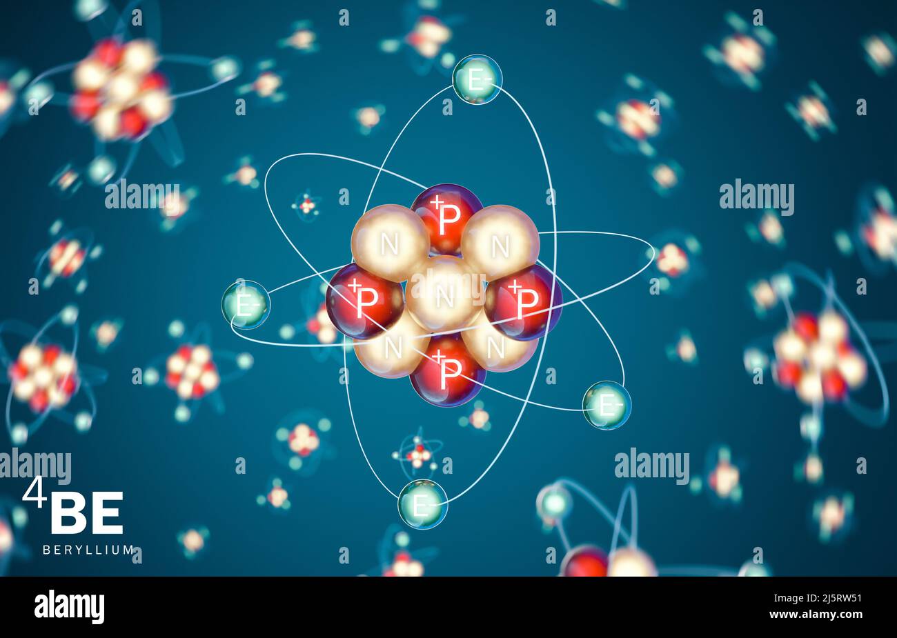 3D Modell des Berylliums (Be) Ein chemisches Element mit der Ordnungszahl 4, ein Metall, das zur zweiten Hauptgruppe des Periodensystems gehört. Stockfoto
