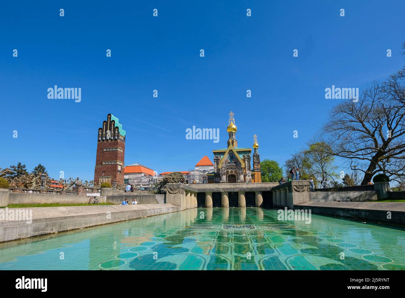 Panoramablick auf die Mathildenhoehe Darmstadt, UNESCO-Weltkulturerbe Stockfoto