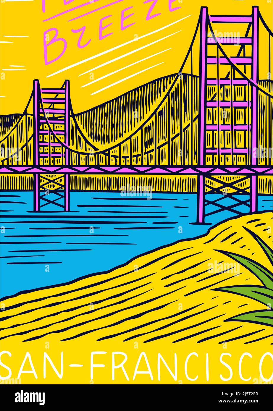 San Francisco City Poster oder Banner. Retro Wave und Handfläche. Sommernadel. Von Hand gezeichnetes Emblem oder Logo. Vintage Sport auf Hawaii. Stock Vektor