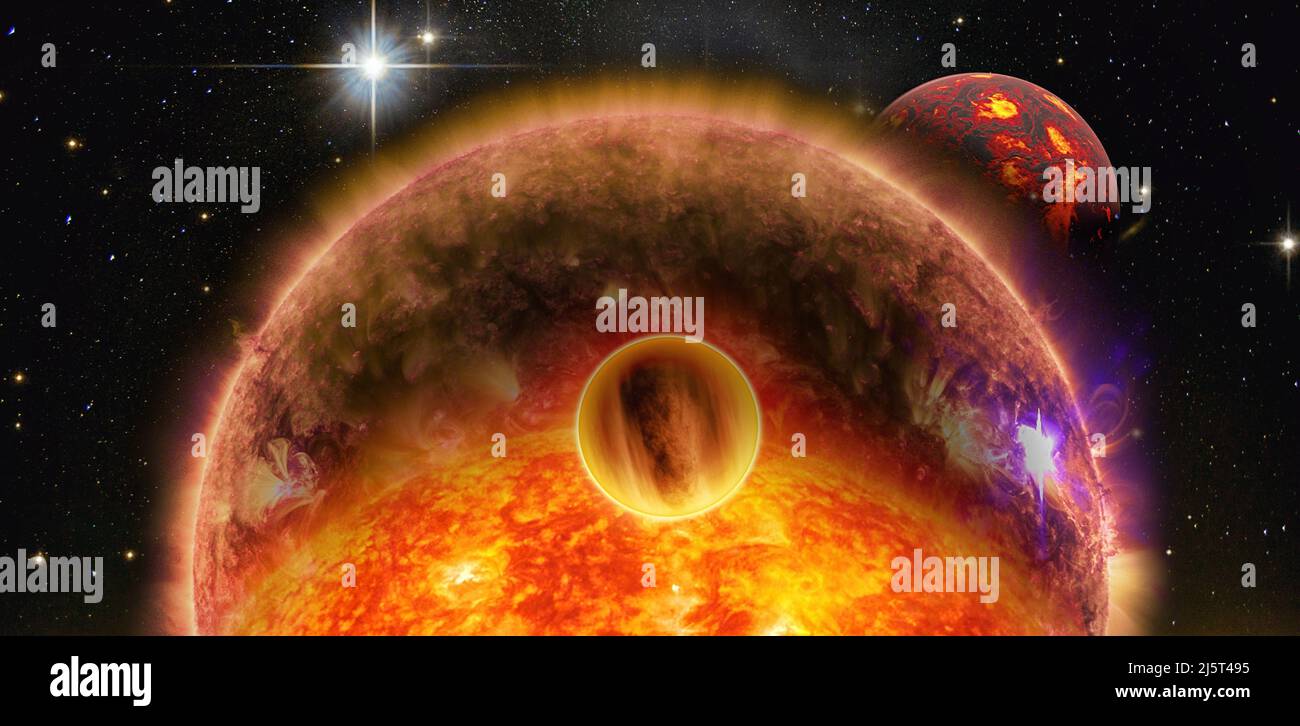 Außerirdisches Planetensystem mit Sonne im Weltraum, Science Fiction abstrakter Hintergrund. Elemente dieses Bildes, die von der NASA eingerichtet wurden. Stockfoto