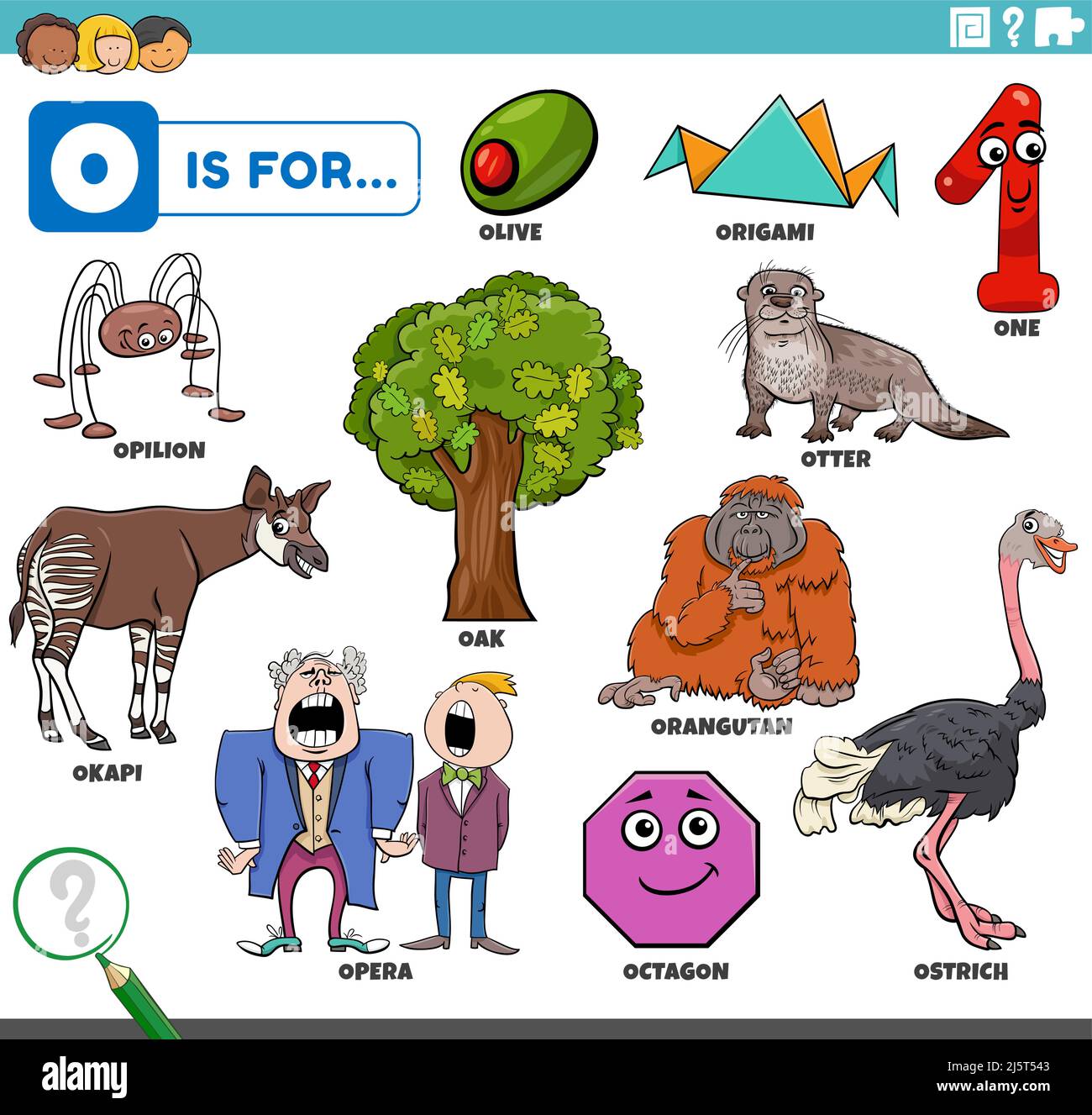 Pädagogische Cartoon-Illustration für Kinder mit Comic-Figuren und Objekte für den Buchstaben O gesetzt Stock Vektor