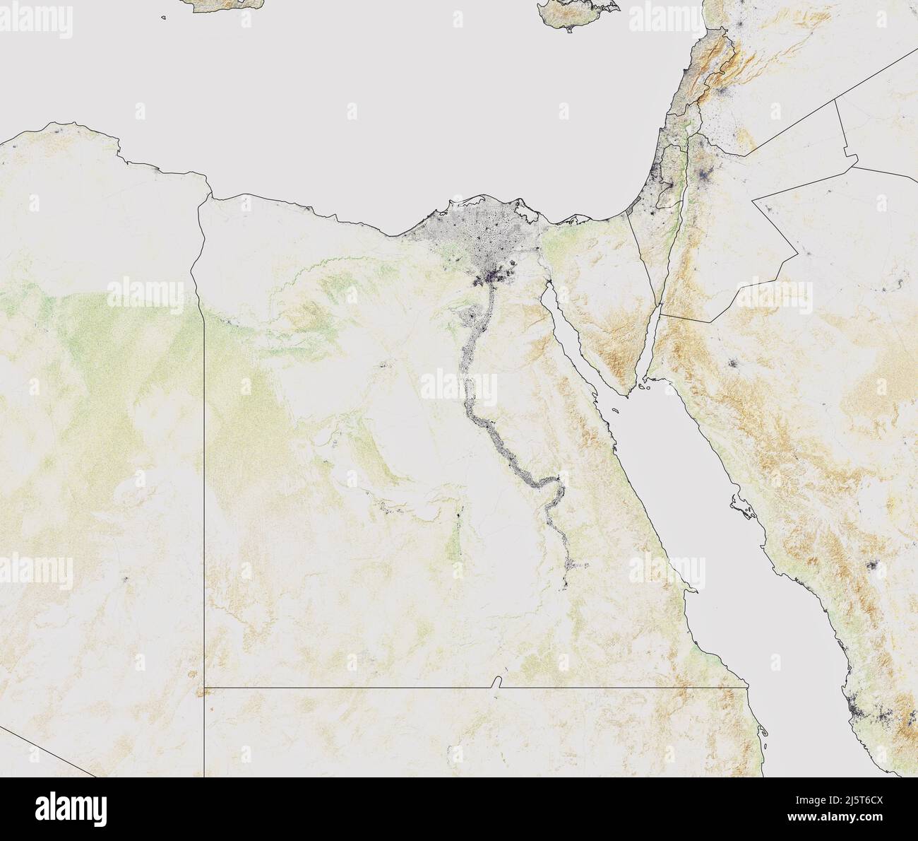Karte von Ägypten, Satellitenansicht und Reliefs. Karte. Städte und Straßen. Nordafrika und dem Nahen Osten. Israel, Libanon, Jordanien und Saudi-Arabien. Nasa Stockfoto
