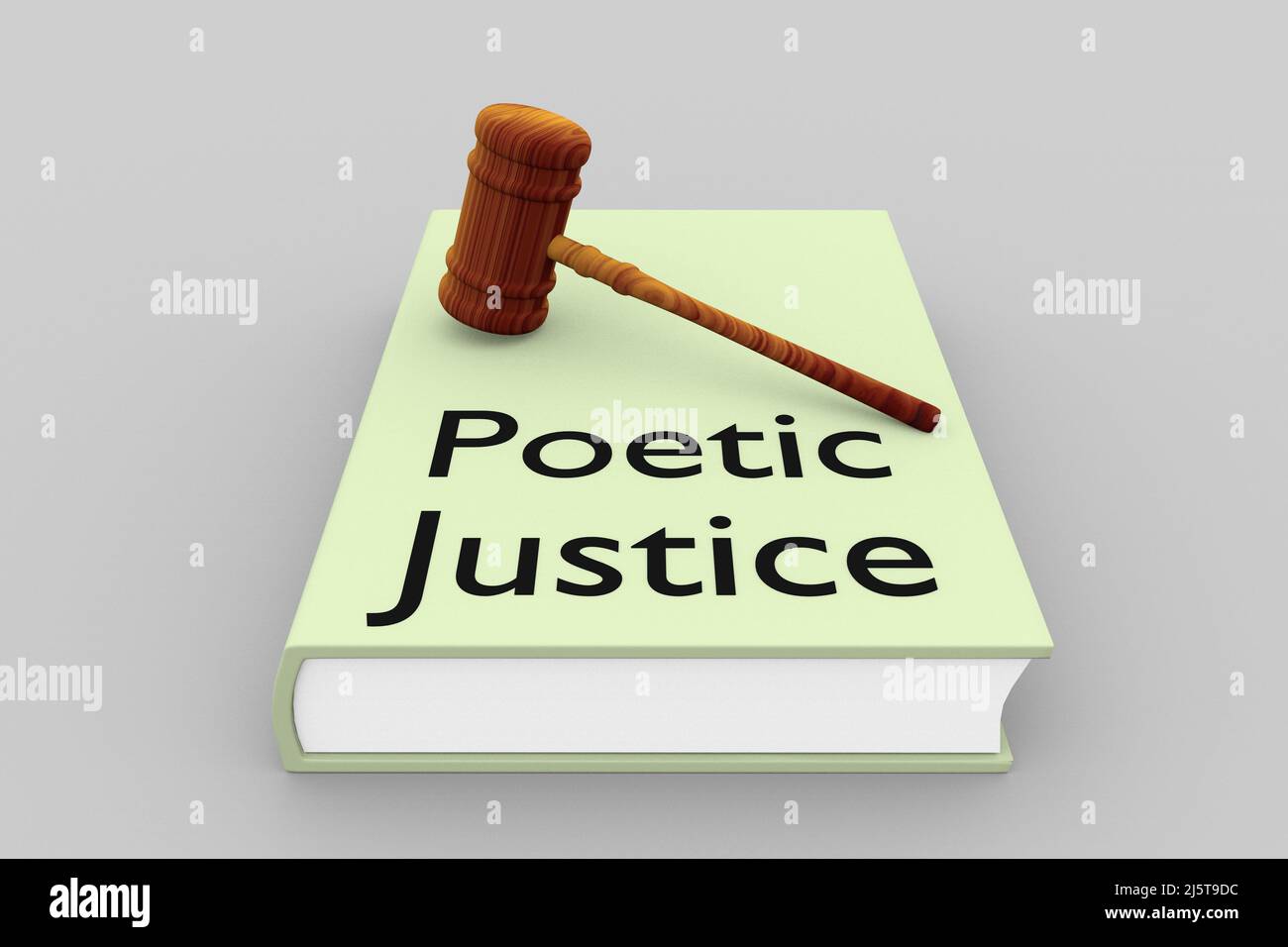 3D Illustration eines Richtergavels auf einem Buch mit poetischen Titel Justice, isoliert über hellgrauem Hintergrund. Stockfoto