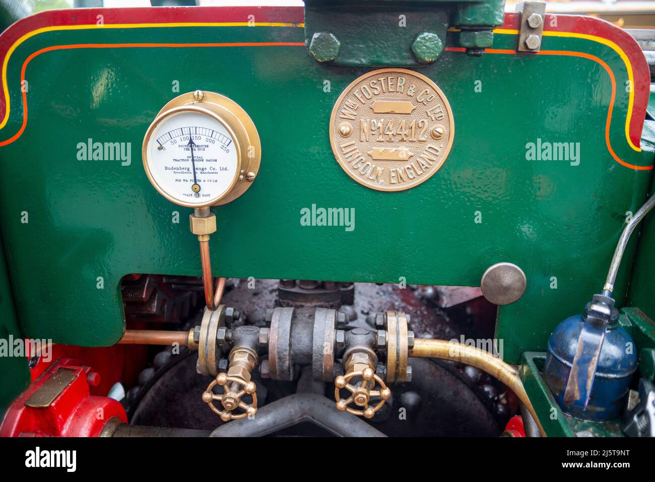 Hersteller Platte und Dampfdruckmesser einer William Foster & Co Ltd aus Lincoln, England, Dampfzugmaschine Stockfoto