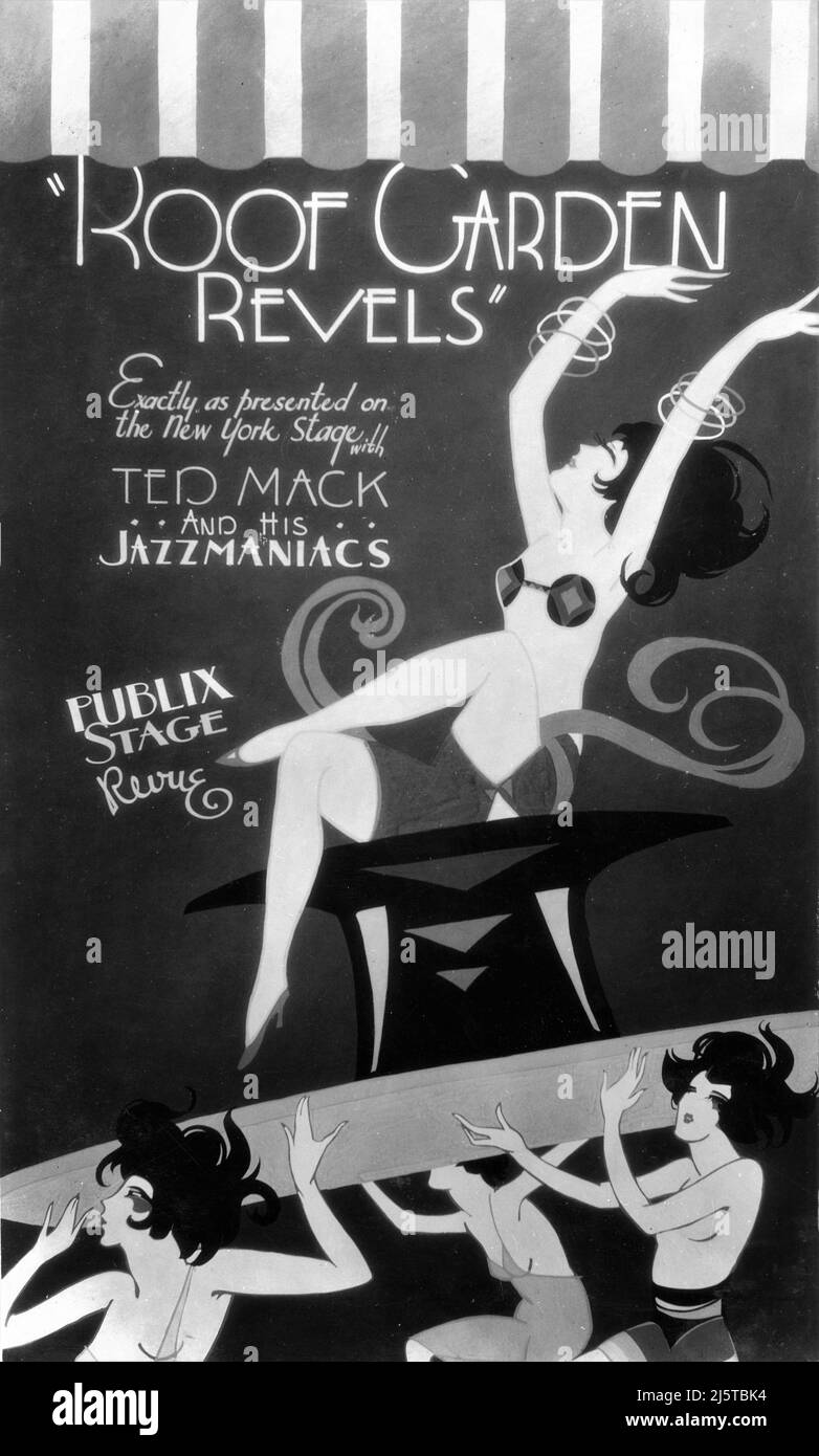 Handgemalte Ausstellung für die ca. 1930 publix Stage Revue DACHGARTENREVELS mit TED MACK und seinen Jazzmaniacs Live Prolog für Paramount Publix Movie Theatres Stockfoto