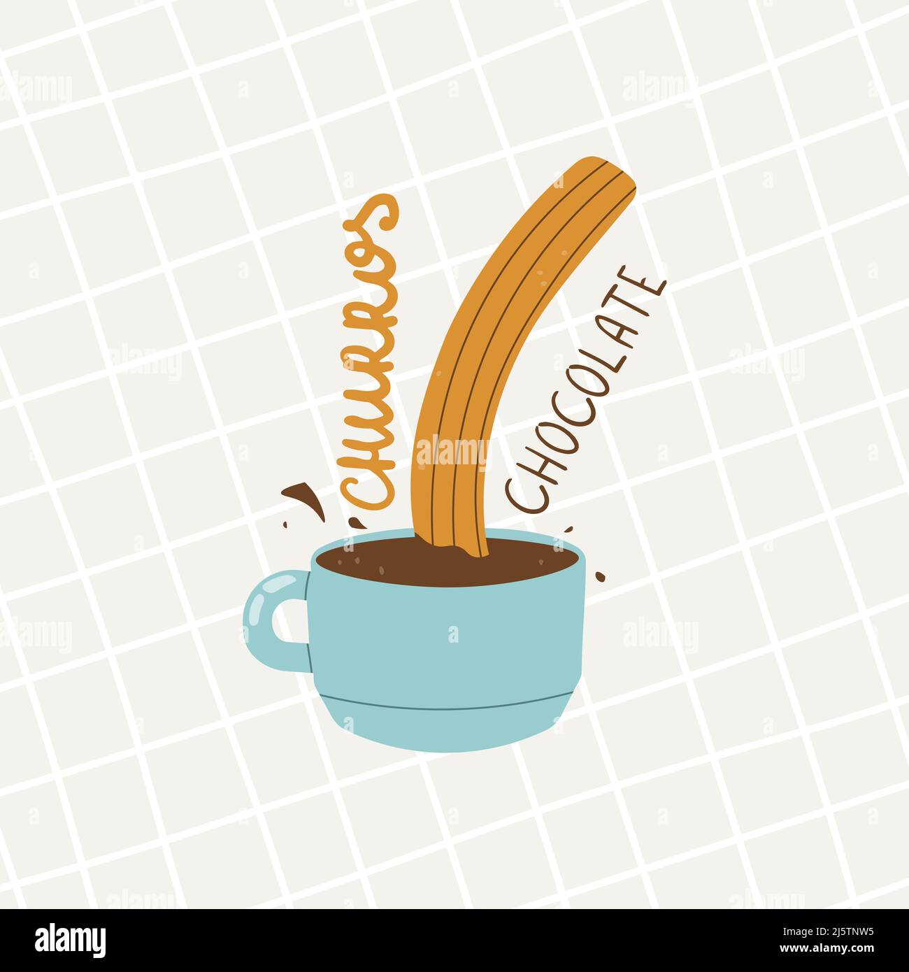 Logo für Churreria. Churros und Schokolade. Traditionelles spanisches Gebäck zum Frühstück. Vektorgrafik für Design und handgeschriebenen Text. Stock Vektor