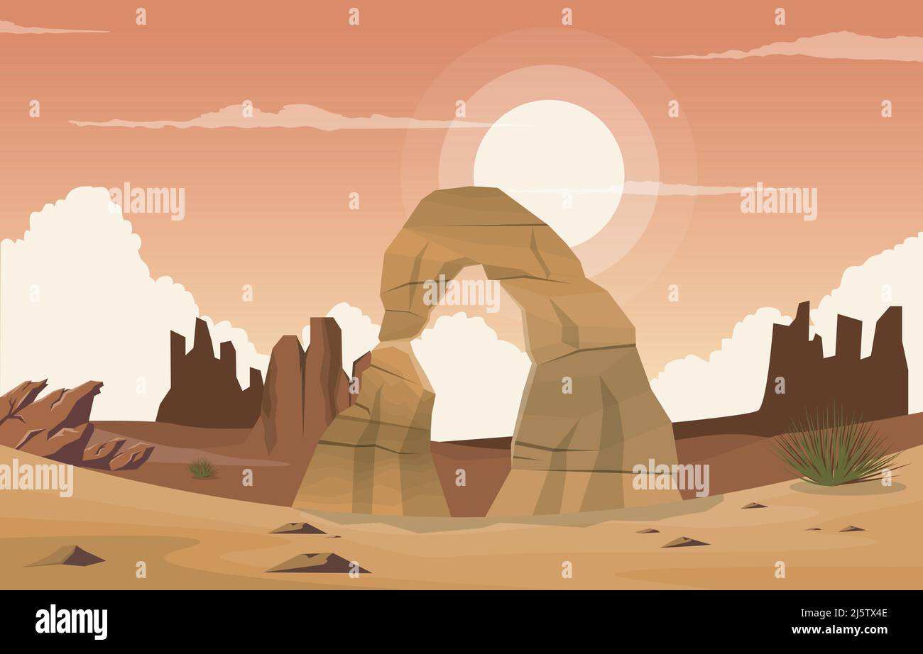 Wunderschöne Western American Rock Arch Weite Wüstenlandschaft Illustration Stock Vektor