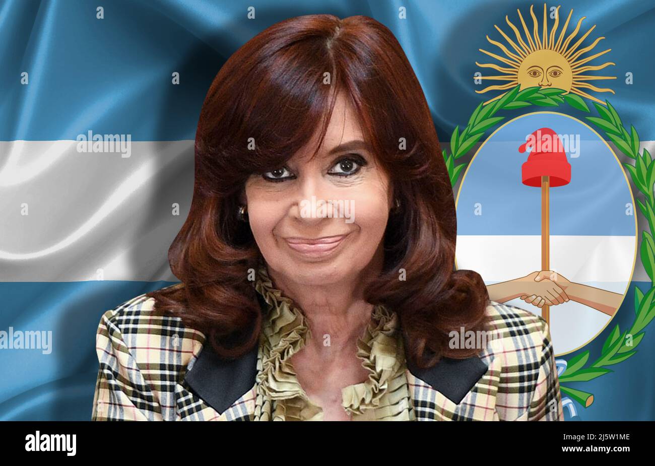 Cristina Fernández de Kirchner, Flagge Argentiniens und Wappen der Argentinischen Republik Stockfoto