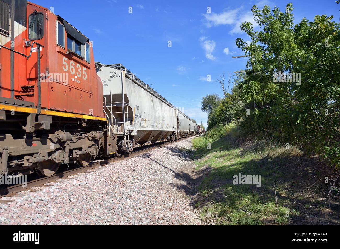 Burlington, Illinois, USA. Lokomotiven führen einen kanadischen Güterzug durch einen Schnitt im ländlichen Nordosten von Illinois. Stockfoto