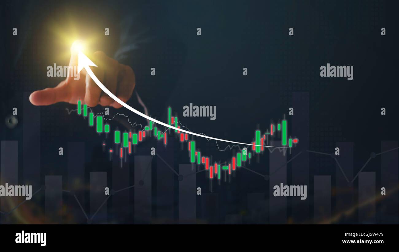 Businessman Point Analyze Graph für den Aktienmarkt auf dem Bildschirm. Geschäftsmann Hand zeigt Chart-Diagramm Aktie des Wachstums. Hand man Stock Graph Char Stockfoto