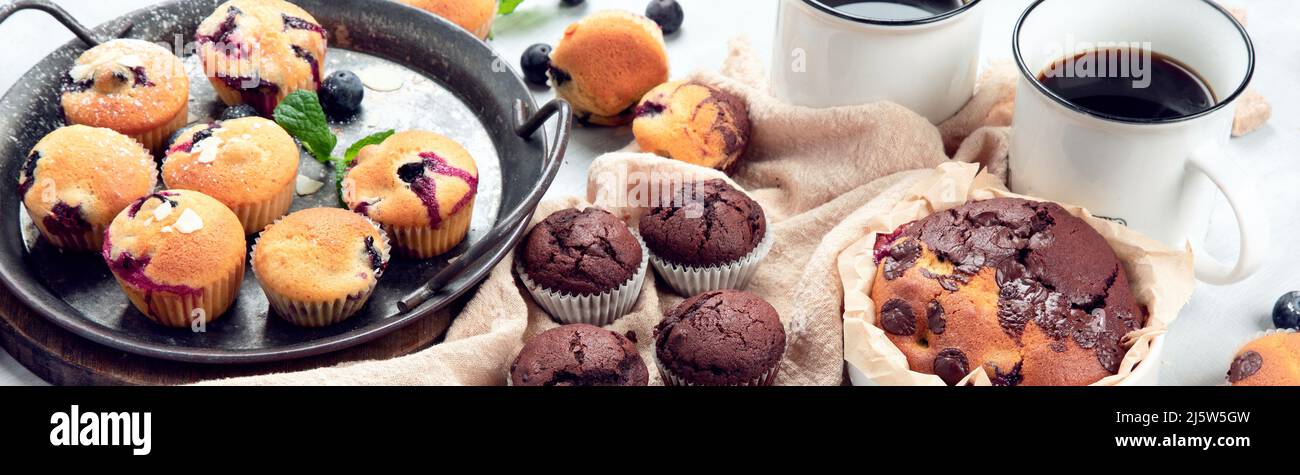 Muffins Sortiment auf hellem Hintergrund. Frisch gebackene Cupcakes. Feierkonzept. Panorama Stockfoto