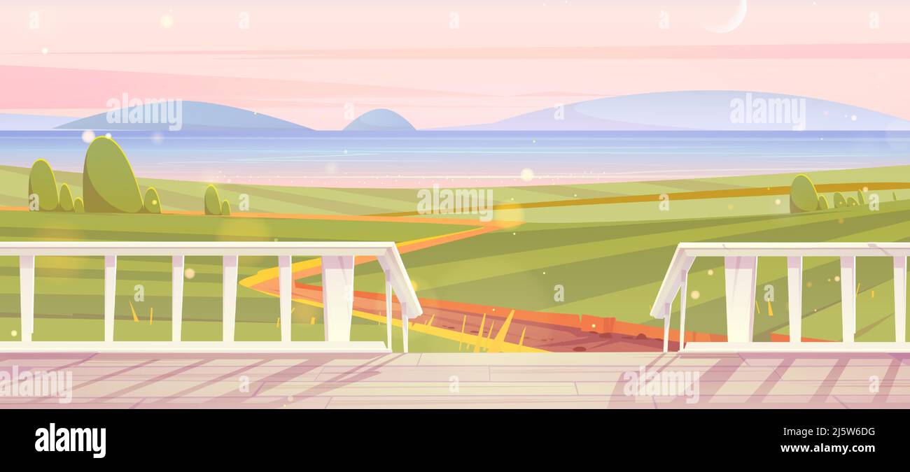 Weiße Holzterrasse und Blick auf die Sommerlandschaft mit grünen Feldern und See am Horizont. Vektor-Cartoon-Illustration der Landschaft mit Sträuchern, Hügel, Fluss und Haus Veranda am frühen Morgen Stock Vektor