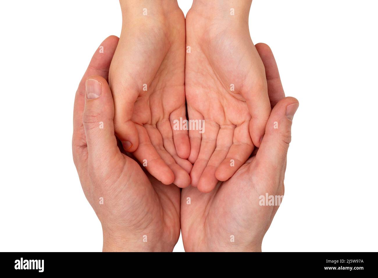 Handflächen für Erwachsene halten die Hände des Kindes. Fürsorge und Liebe. Stockfoto