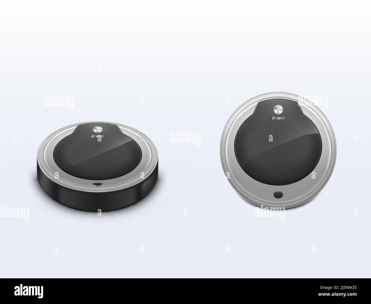 Staubsauger Roboter vorne, Draufsicht 3D realistische Vektor. Modernes Smart House-Systemelement, robotisierte Vorrichtung für Bodensaugung, Staubreinigung illus Stock Vektor