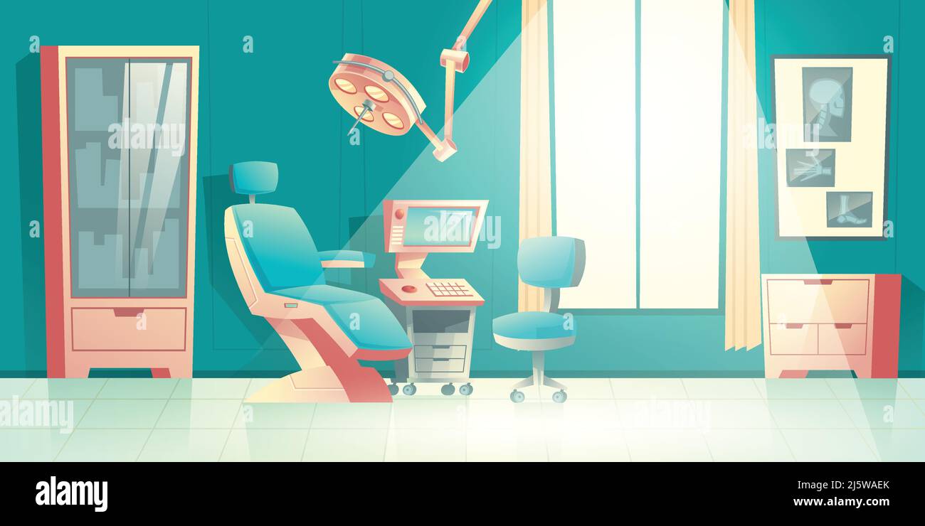 Zahnärzte Büro Cartoon Vektor leeren Innenraum mit bequemen Stuhl, chirurgische Lichteinheit, Ultraschall-Diagnosegerät oder Computer und Röntgenstrahlen auf w Stock Vektor