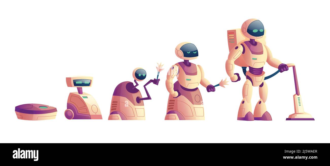 Vektor-Evolution von Robotern, technologische Revolution von primitiven Radsauger zu humanoider Cyborg. Cartoon Sammlung von Haushaltsgerät ist Stock Vektor