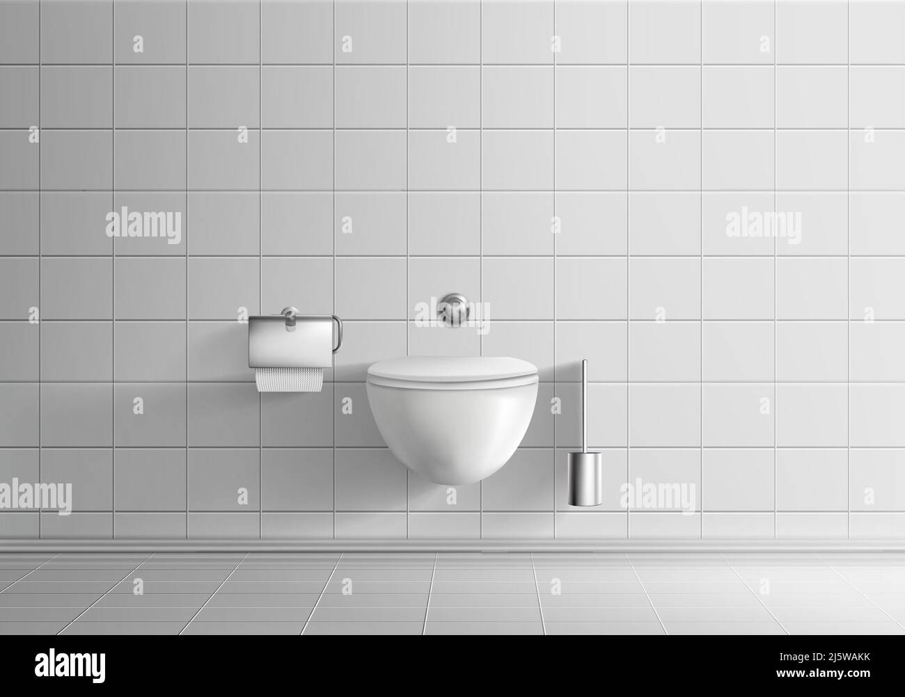 Moderner Toilettenraum minimalistisches Interieur realistisches Vektormockup mit weißen gefliesten Wänden und Boden, an der Wand hängender Toilettenschüssel, an der Wand montierter Spülung, aber Stock Vektor
