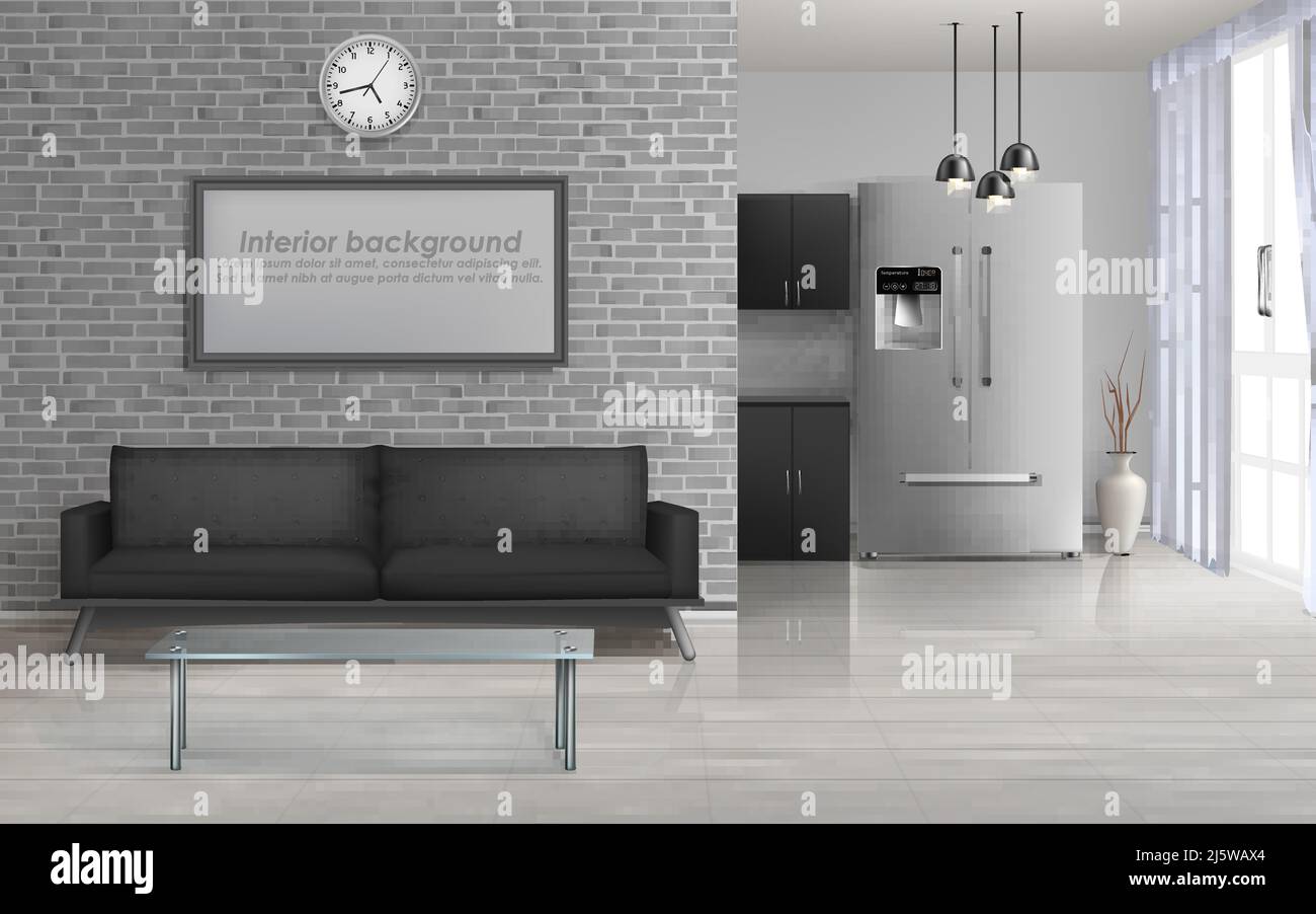 Home Wohnzimmer, Studio Küche geräumige Innenausstattung in Minimalismus oder Loft-Stil Design 3D realistische Vektor mit Glastisch und Sofa, blank Malerei Fr. Stock Vektor