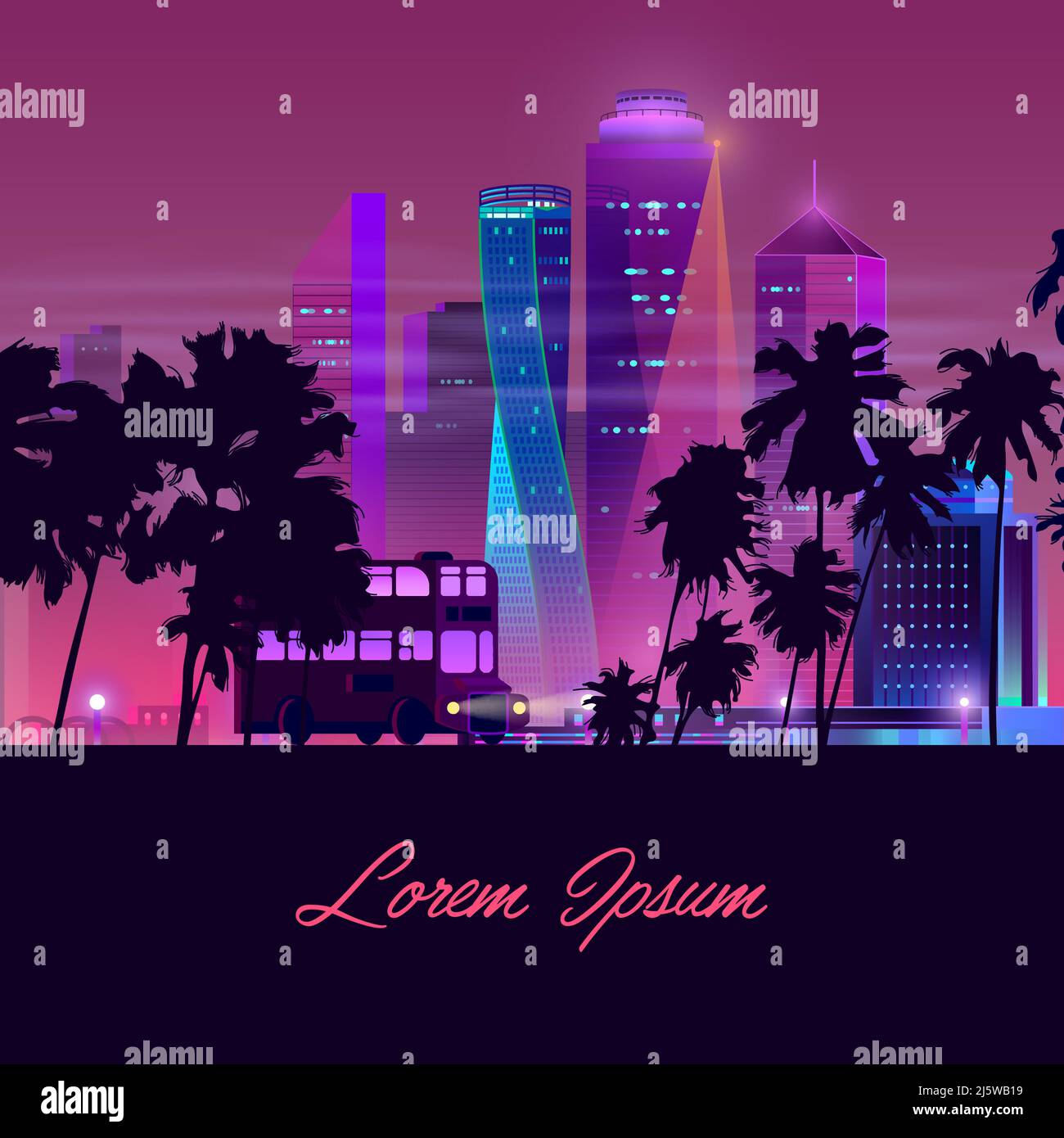 Moderne Metropole Elite Immobilien Cartoon Vektor-Banner. Klassischer Doppeldeckerbus, der auf Nachtautobahn mit Palmen am Straßenrand fährt, beleuchtete s Stock Vektor