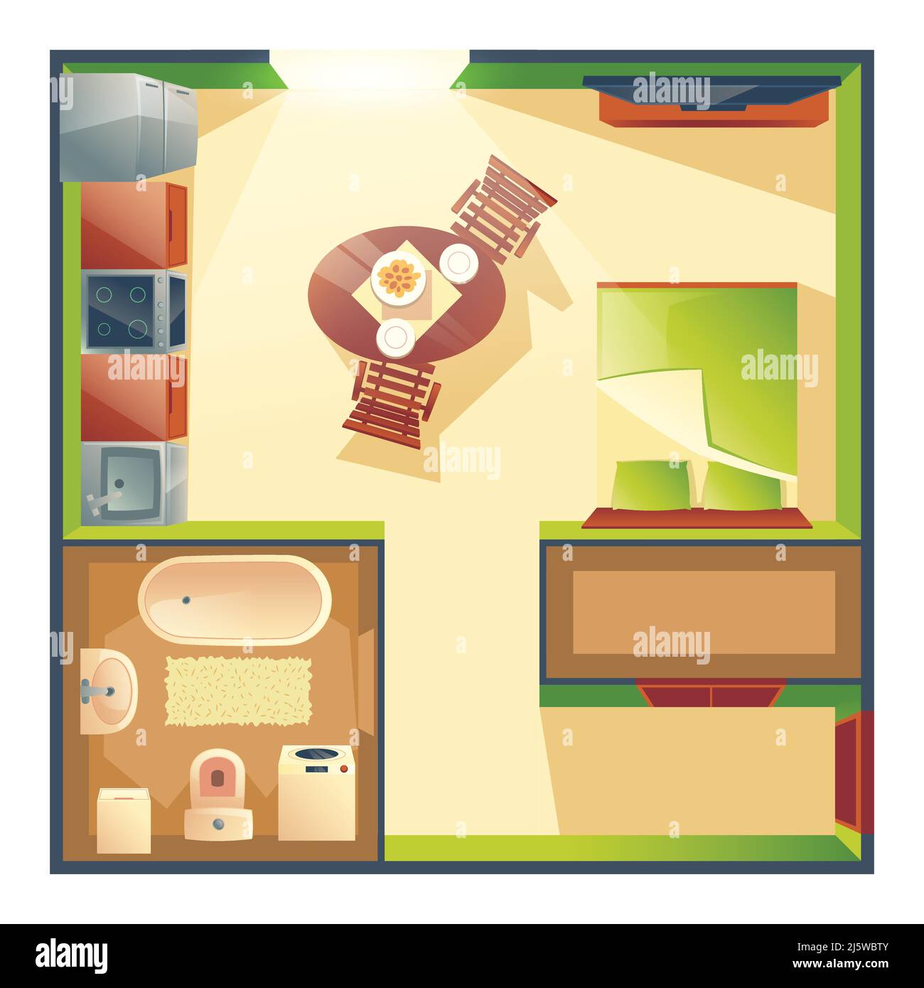 Kleines Studio-Apartment mit kombinierter Küche, Wohnzimmer und Schlafzimmer Cartoon Vektor Draufsicht Plan mit Esstisch, Küchengeräte, Schlaf werden Stock Vektor