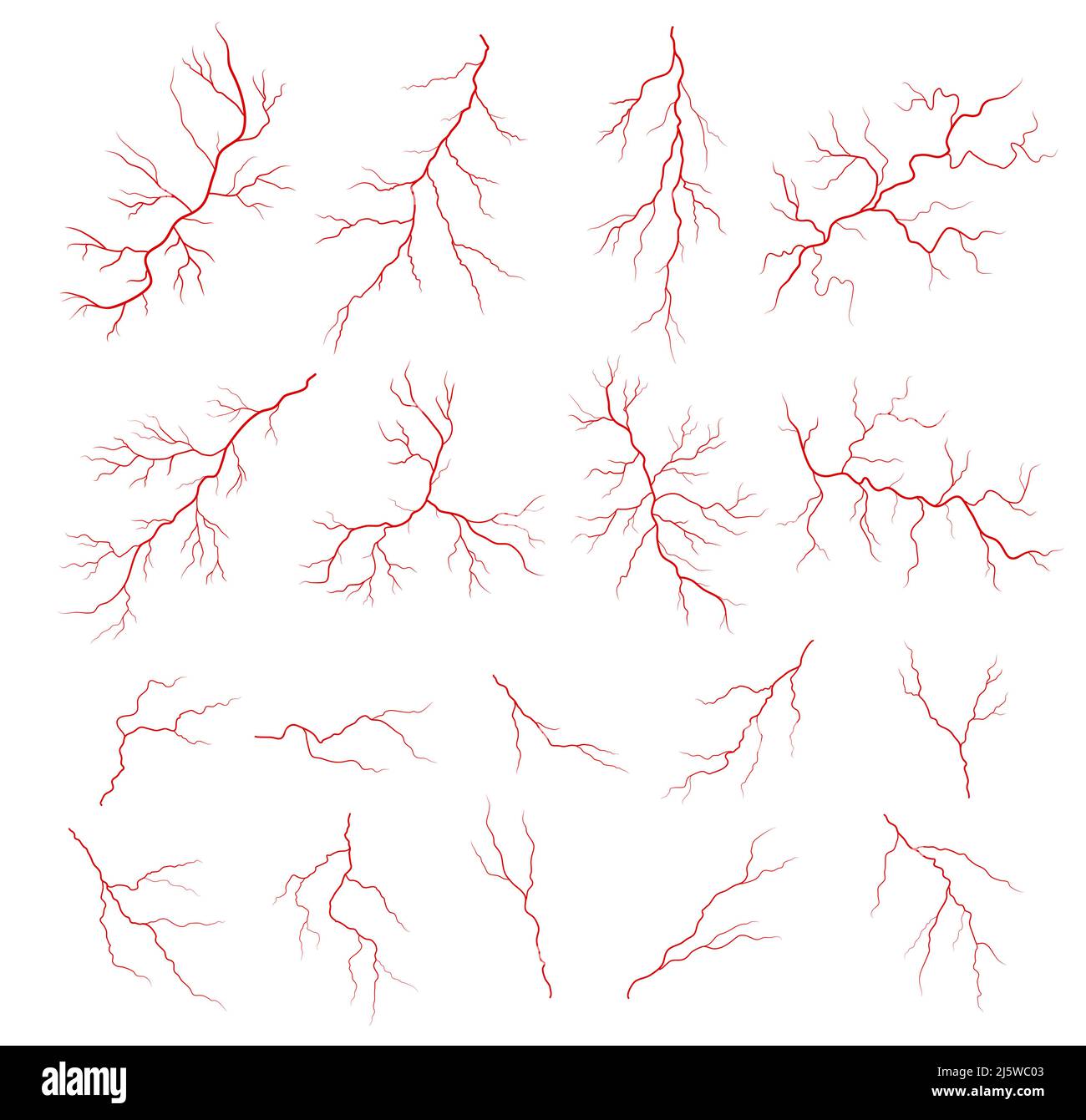 Menschliche rote Venen, Anatomie der Blutvene, Arterie- oder Augenkapillare, Arteriole und Venule. Isolierte Vektorgefäße aus Blut, Gefäß- oder Kreislaufsystem mit Verzweigungsstruktur, Medizin und Wissenschaft Stock Vektor