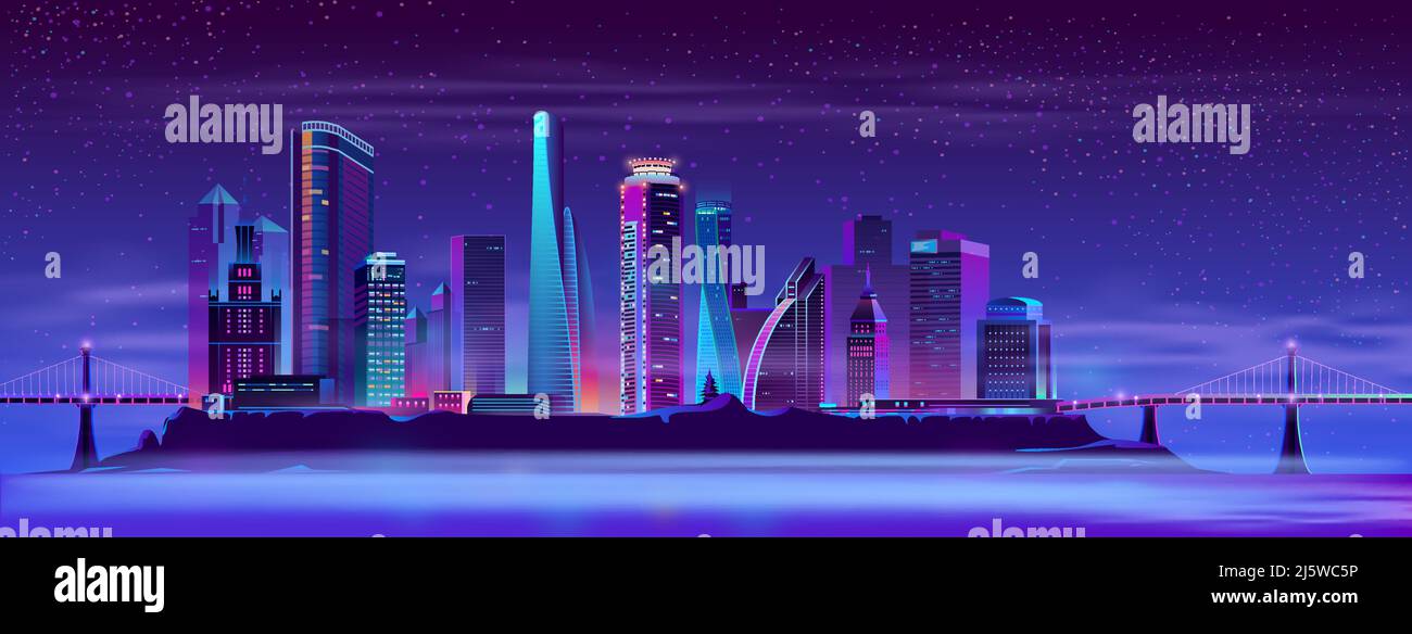 Moderne Metropole Cartoon Vektor Nacht städtischen Hintergrund in Neon-Farben. Futuristische Architektur beleuchtete Wolkenkratzer, Stadtbezirk auf künstlichem i Stock Vektor