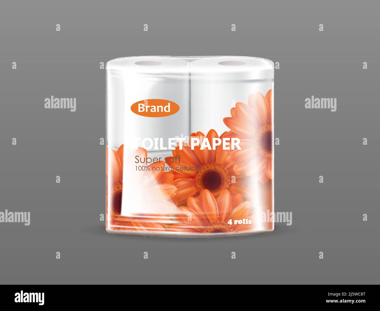 Super weiches Toilettenpapier Plastikverpackung mit Kamillenblütendruck und zwei Rollen von natürlichem Zellulosepapier in 3D realistischen Vektor isoliert auf Stock Vektor