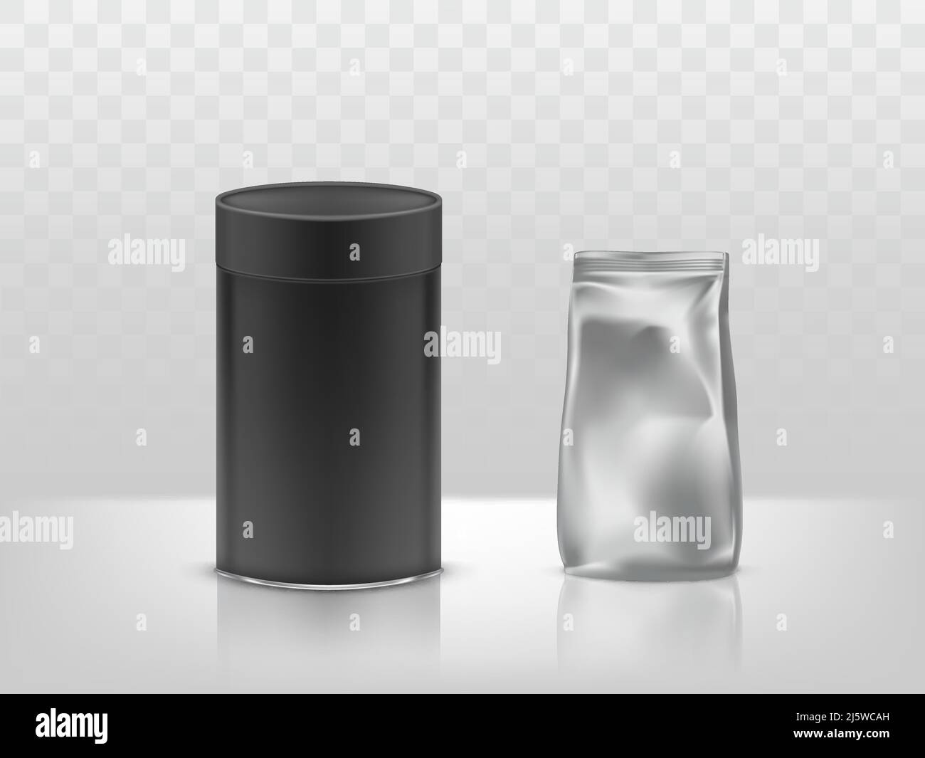 Schwarzes Papppapier Rundrohrbox und Folie, versiegeltes Plastikpaket, Behälter 3D realistischer Vektor auf reflektierender Oberfläche, transparenter Hintergrund. Kontra Stock Vektor