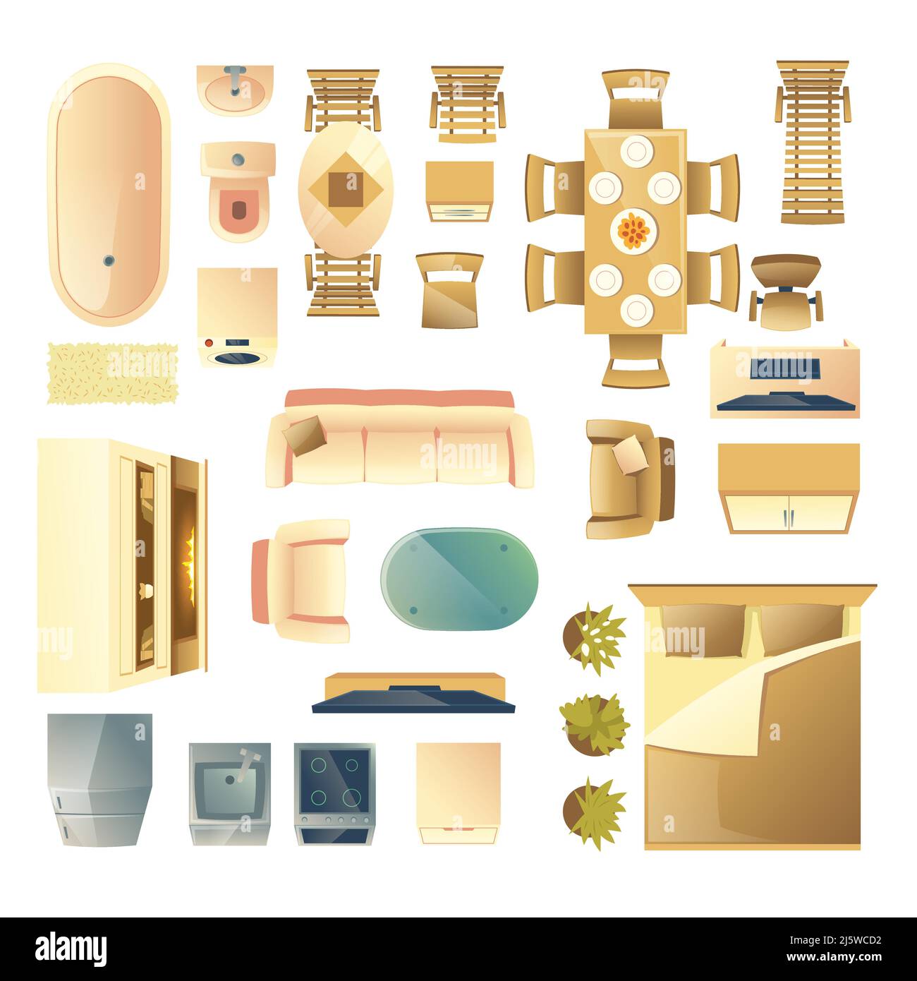 Moderne Wohn- und Schlafzimmer Holzmöbel, Küche und Bad Geräte Draufsicht Cartoon Vektor Illustration Set isoliert auf weißem Hintergrund. Hom Stock Vektor