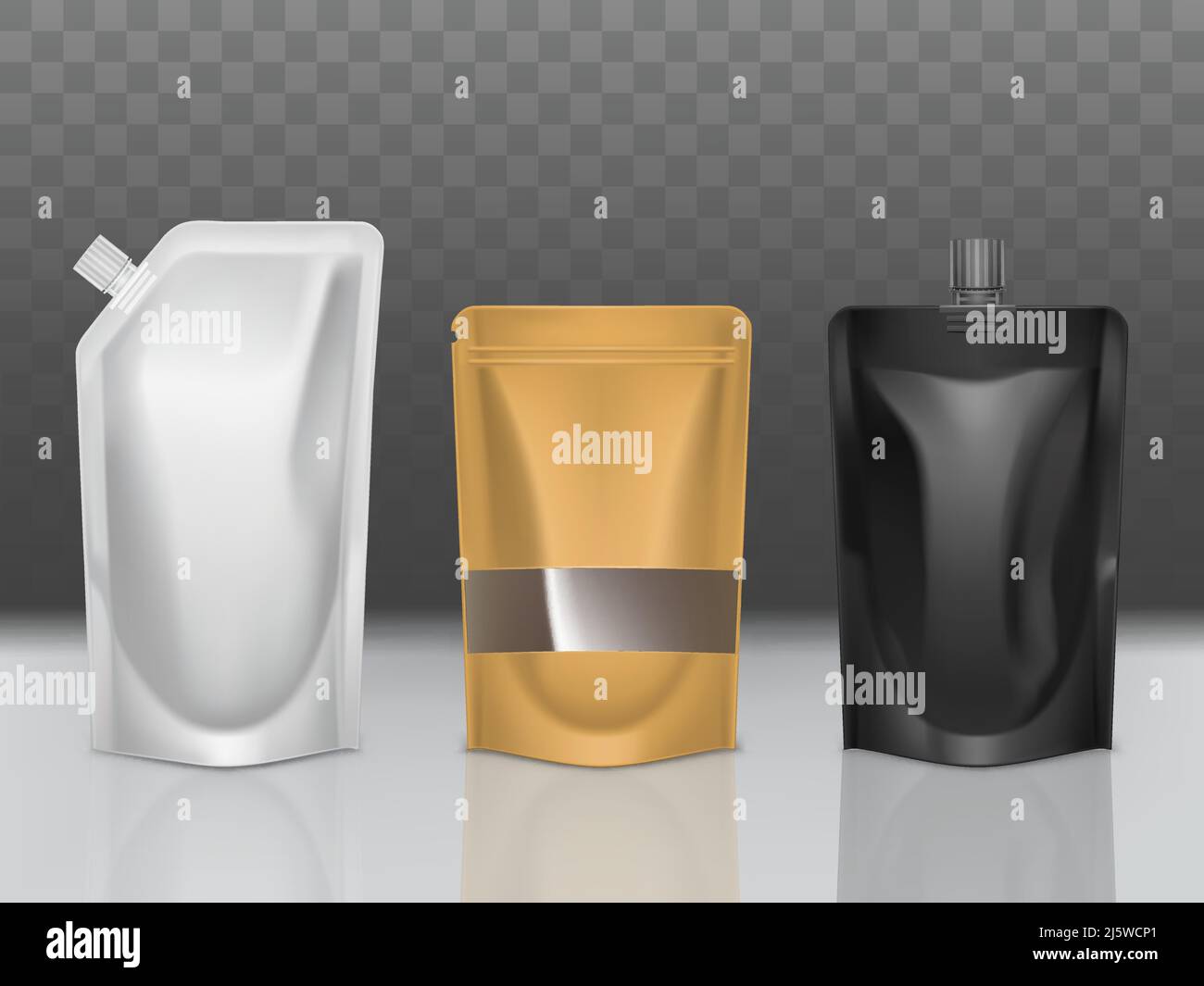 Versiegelte, verschiedenfarbige, leere Sachets für Lebensmittel 3D realistisches Vektorset isoliert auf transparentem Hintergrund. Mayonnaise, Ketchup, Senf, Sauce, flüssig Stock Vektor