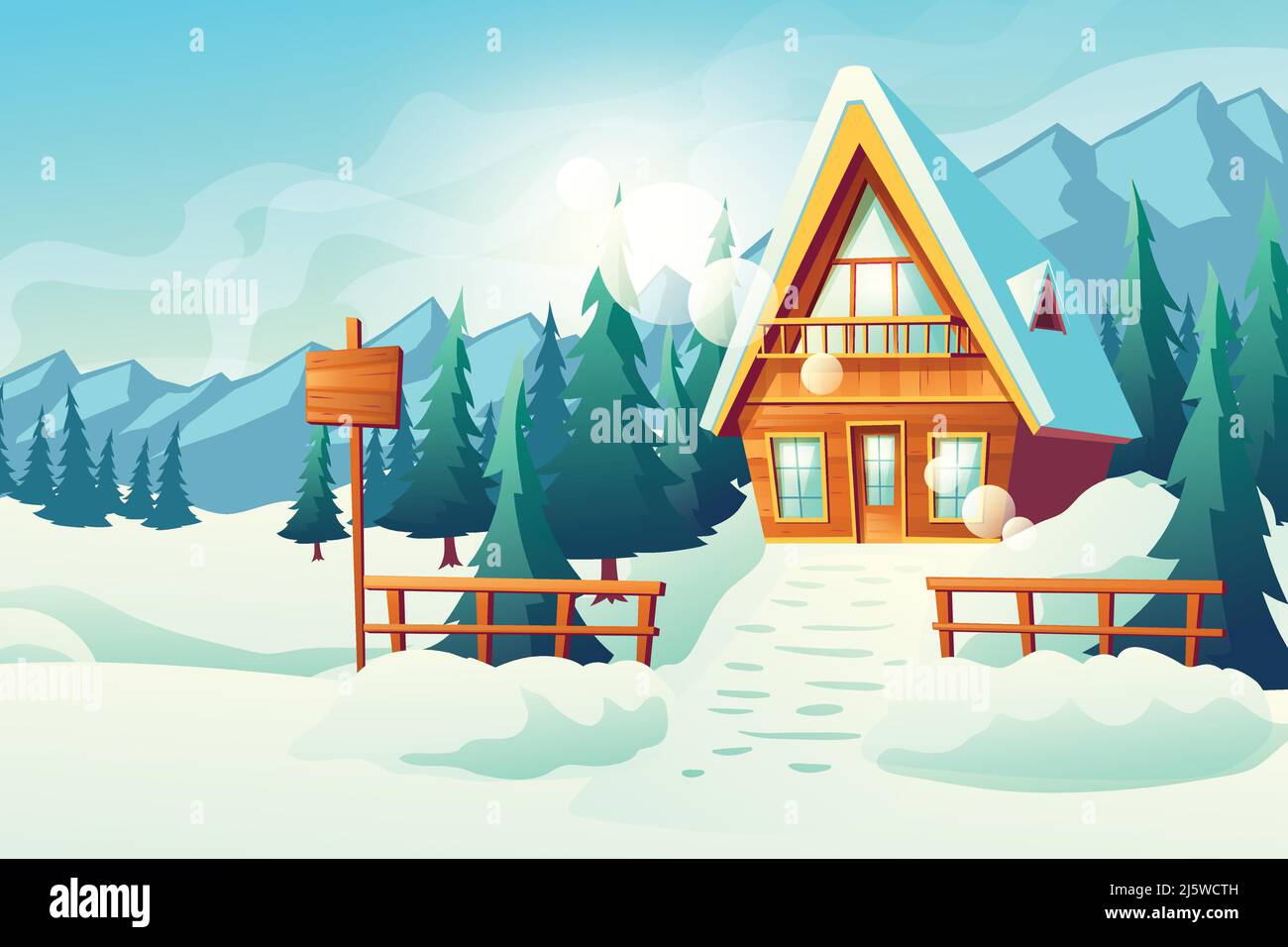 Land oder Dorf Cottage House in verschneiten Bergen Cartoon-Vektor. Winter Resort komfortables, kleines Hotel Holzgebäude mit Schrägdach, Balkon, Stock Vektor
