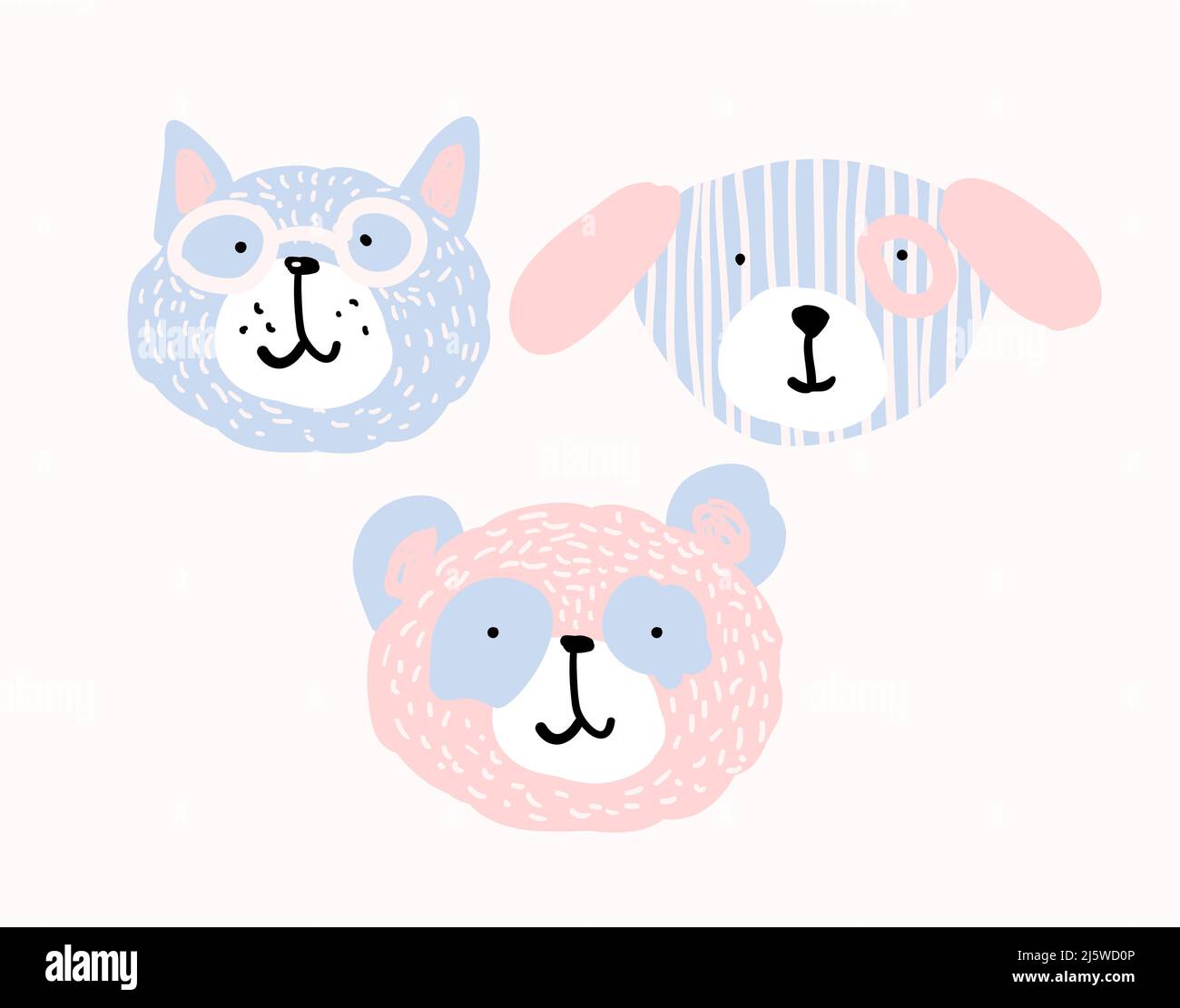 Set von niedlichen Tiergesichtern in Pastellfarben. Porträt einer Katze, eines Welpen, eines Pandas im flachen Stil. Naiver Tiercharakter. Aufkleber für Kinder, blank für Design Stock Vektor