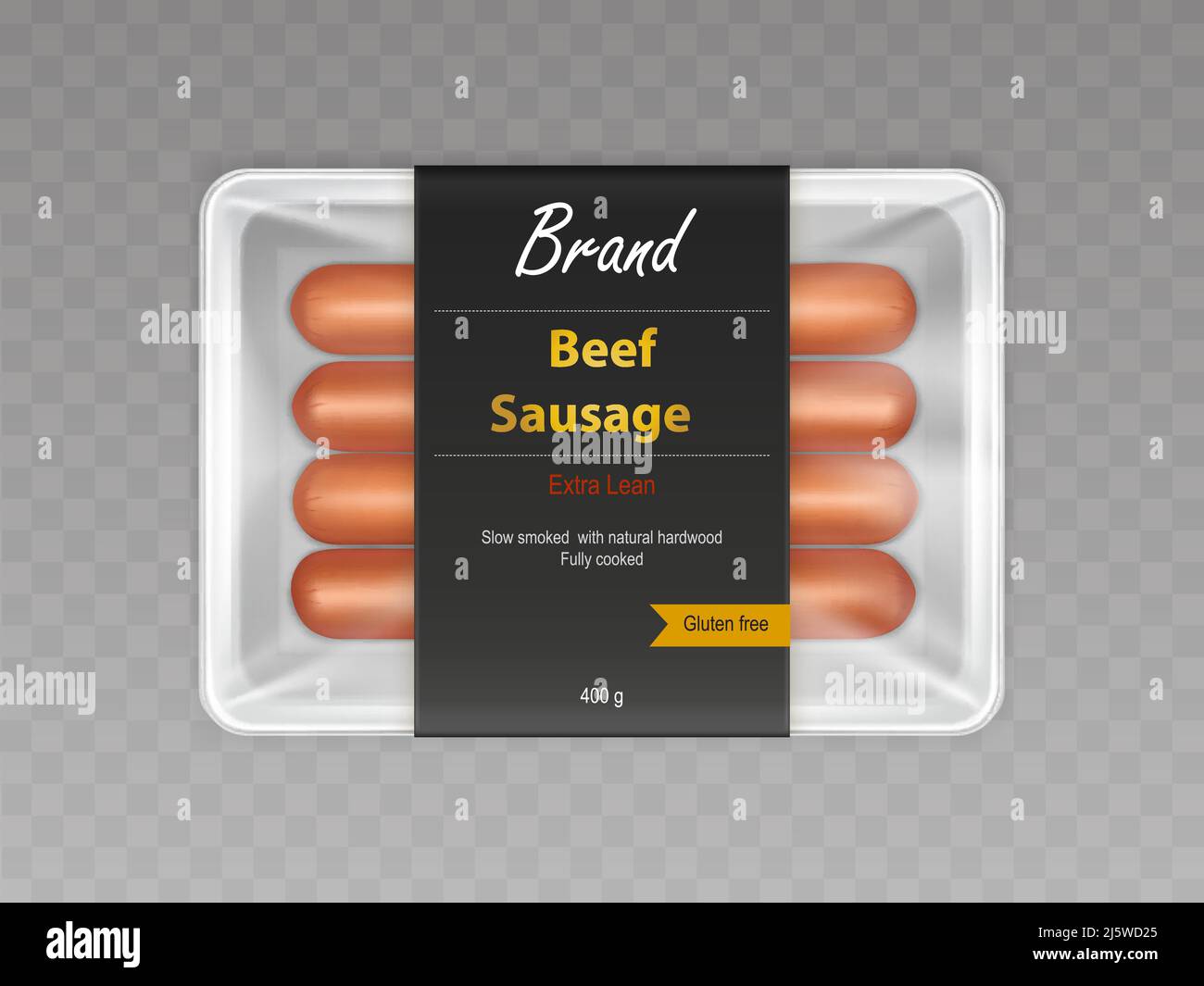 Gekocht mit langsames Rauchen auf natürlichen Hartholz-Rinderwürste in versiegeltem Behälter 3D realistische Vektor isoliert auf transparentem Hintergrund. Lebensmittelprodukte wi Stock Vektor