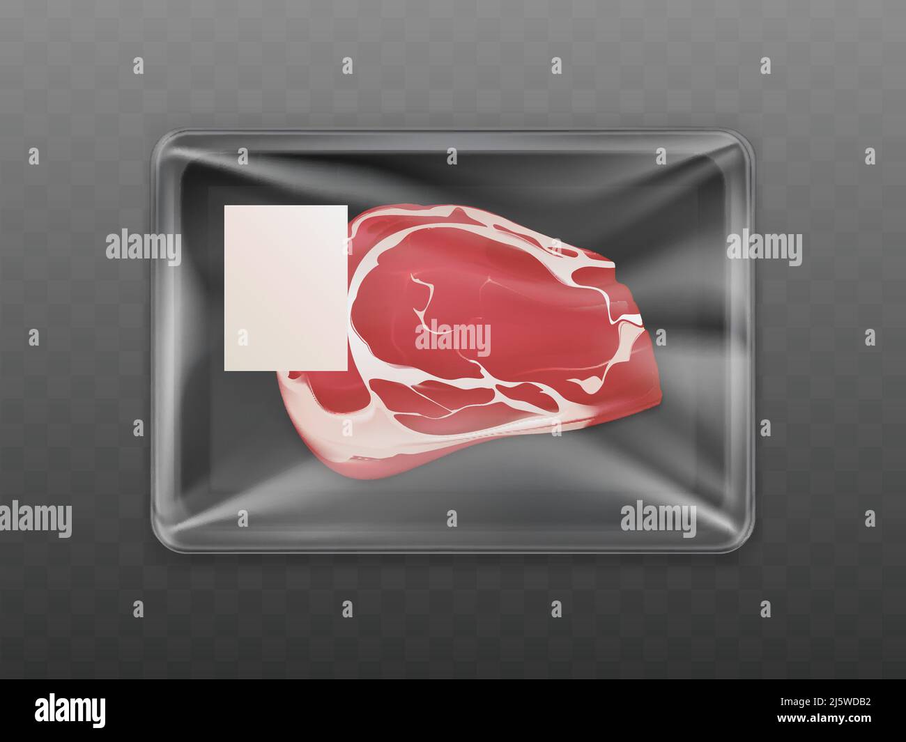 Stück rohes Rindfleisch in versiegelten Kunststoffbehälter mit Preis-Tag 3D realistische Vektor isoliert auf transparentem Hintergrund verpackt. Kulinarische Zutat, Stock Vektor
