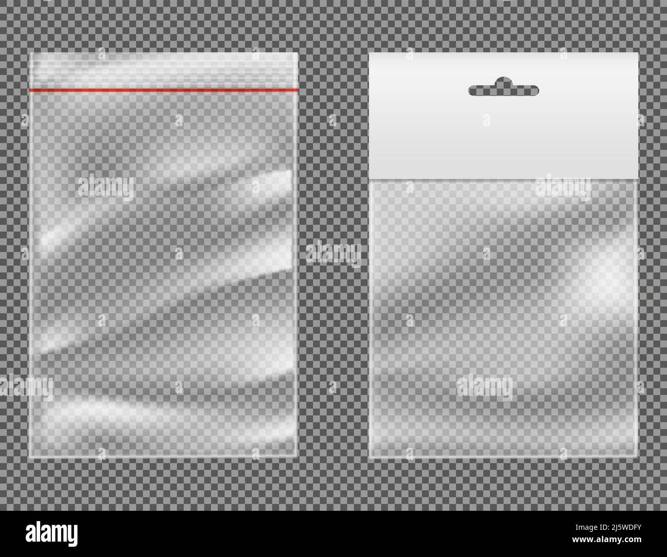 Produktverpackungsarten 3D realistischer Vektor-Mockup mit transparenten Kunststoffverpackungen oder -Beuteln mit wiederverschließbarem Ziplock, Aufhängeloch und blanko weißem Etikett Stock Vektor