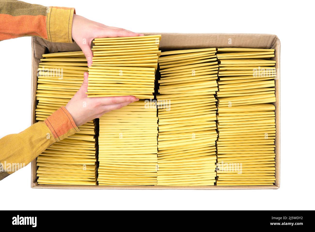 Draufsicht auf weibliche Hände, die gelb gepolsterte Umschläge in einen großen Karton auf weißem Hintergrund verpackt haben. Versand von Büromaterial. Stockfoto