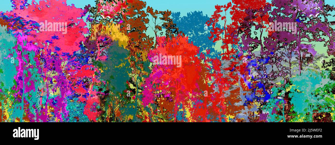 Digitale Illustration Malerei Textur bunt von großen Baum in den tiefen Wald mit blauen Himmel Hintergrund. Landschaft abstrakte Textur gemalt techniq Stockfoto