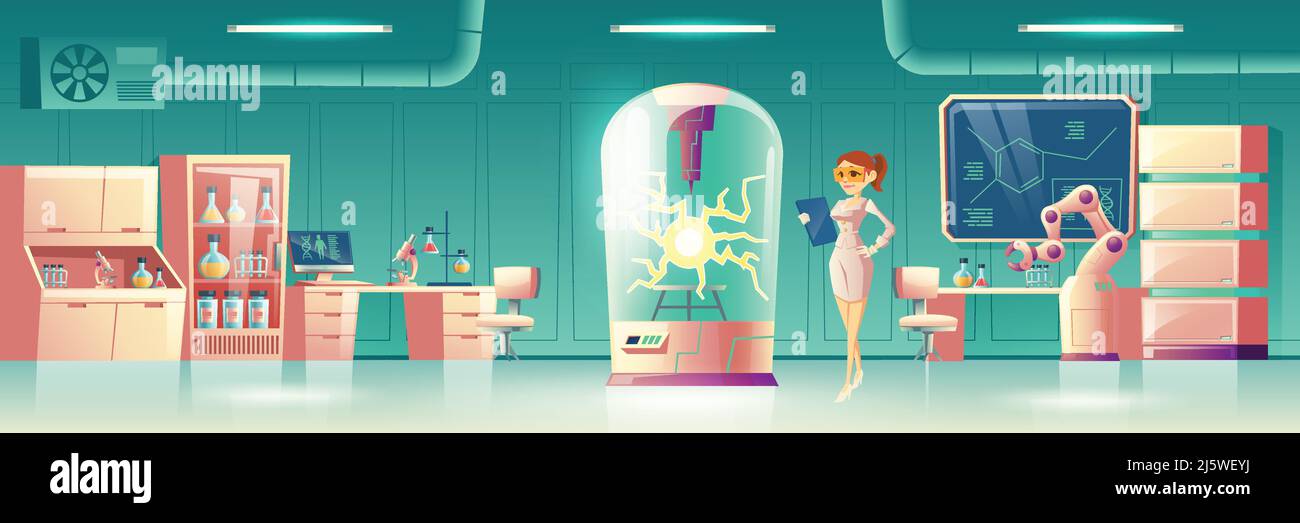 Science Experiment in Zukunft Labor Cartoon Vektor-Konzept. Wissenschaftler, Forscher am menschlichen Genom mit Tablette im Labor mit Roboterhand, chemische reag Stock Vektor Science Experiment in Zukunft Labor Cartoon Vektor-Konzept. Wissenschaftler, Forscher am menschlichen Genom mit Tablette im Labor mit Roboterhand, chemische reag Stock Vektor