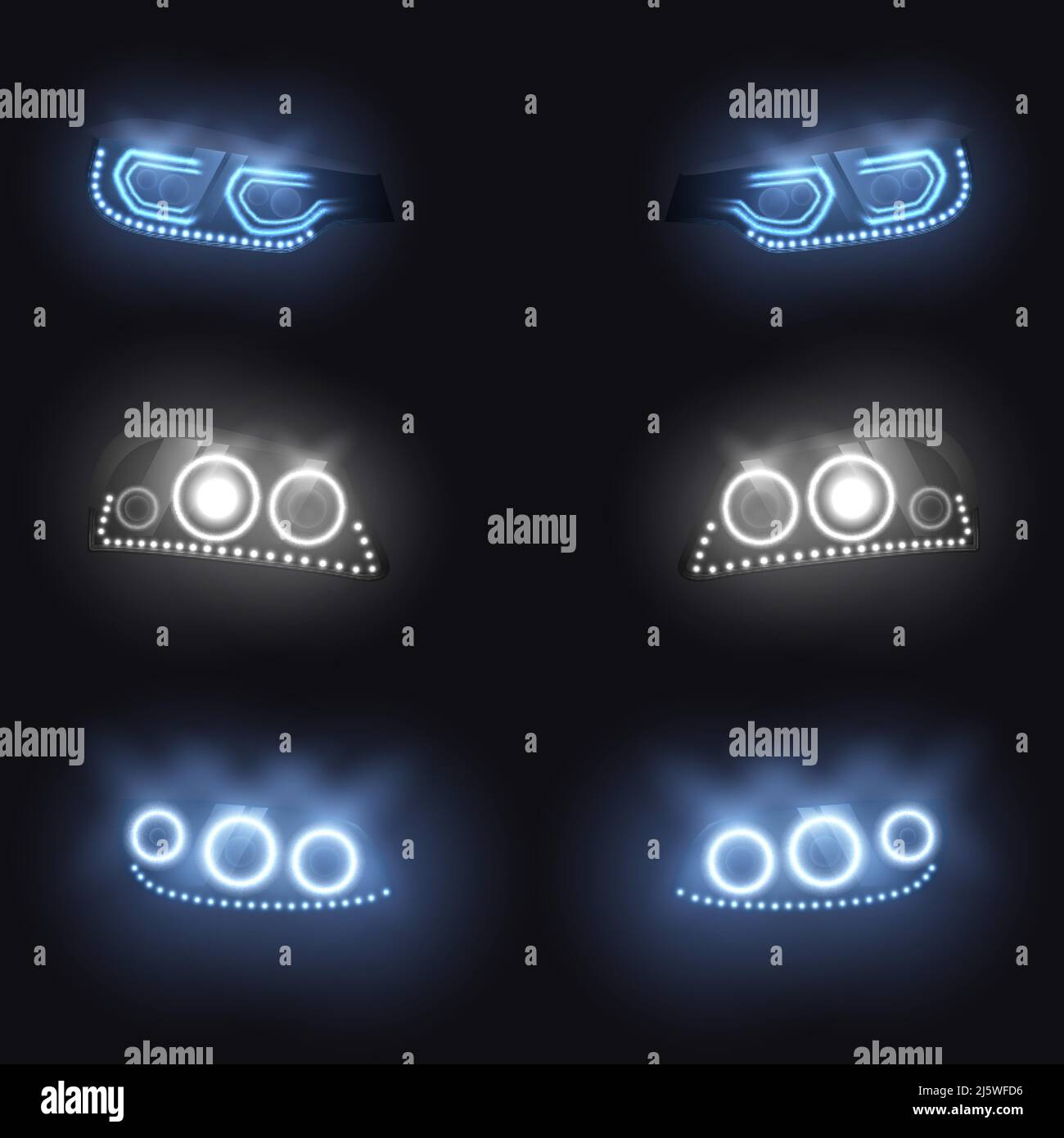 Moderne Auto-Front- oder Rückscheinwerfer mit Xenon-, Laser- oder  LED-Lampen, leuchtendes Neon-Weiß, blaues Licht in der Dunkelheit  realistisches Vektor-Illustrationsset isola Stock-Vektorgrafik - Alamy