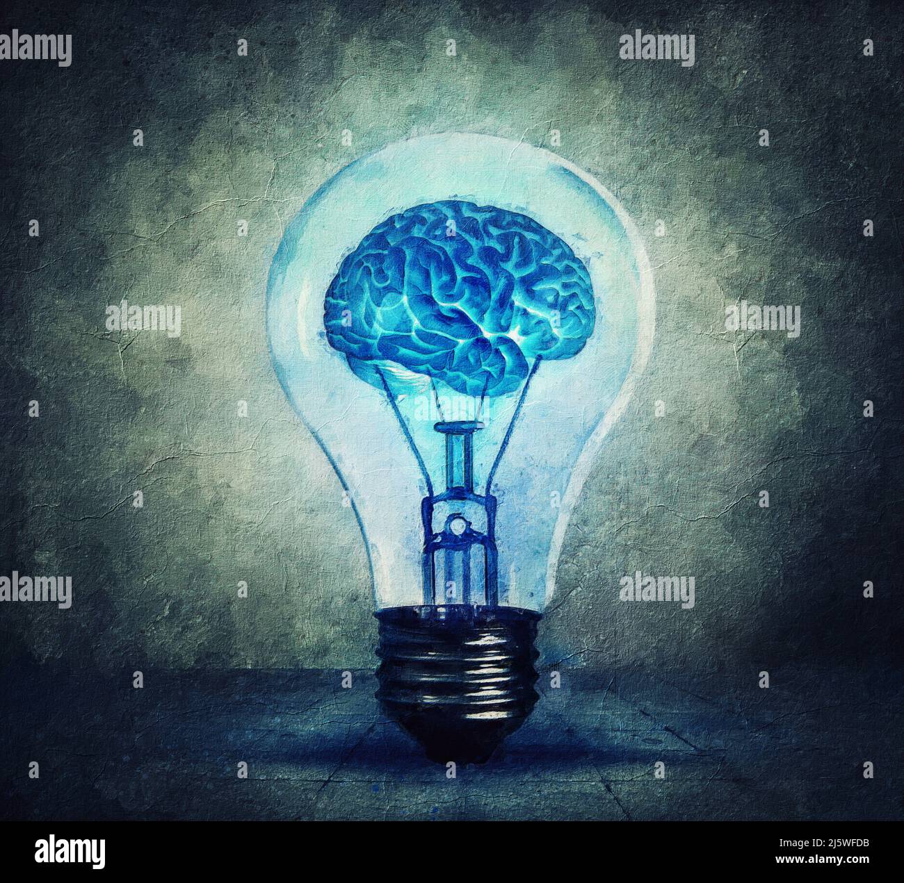 Surreale Glühbirne Malerei mit einem glühenden Gehirn im Inneren. Blaue Glühbirne, menschliche Kreativität und Ideenkonzept. Geistige Entwicklung, die Energie des Geistes Stockfoto