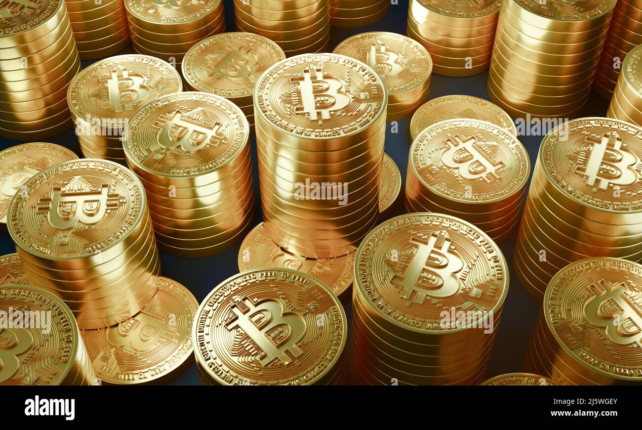 Eine Menge Bitcoin Crypto Währung. Gold Bitcoin BTC Bit Coin. Nahaufnahme von Bitcoin-Münzen isoliert auf schwarzem Hintergrund Blockchain-Technologie Stockfoto
