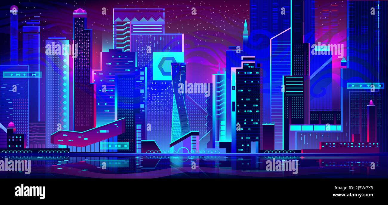 Nachtstadt mit Neonbeleuchtung. Futuristische Stadtarchitektur, Panoramablick auf die Stadt mit leuchtenden Lichtern. Moderne Megapolis-Gebäude im Außenbereich Stock Vektor