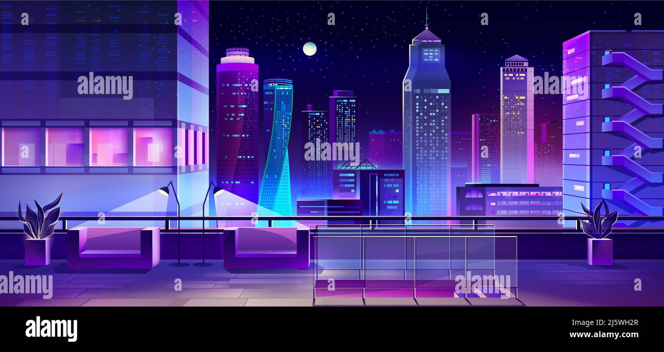 Dachbar, Restaurant-Lounge-Bereich mit bequemen Sesseln, Blumentopf, Lampen auf dem Dach des Stadthauses Cartoon-Vektor. Blick auf die nächtliche Metropole mit Illuminium Stock Vektor