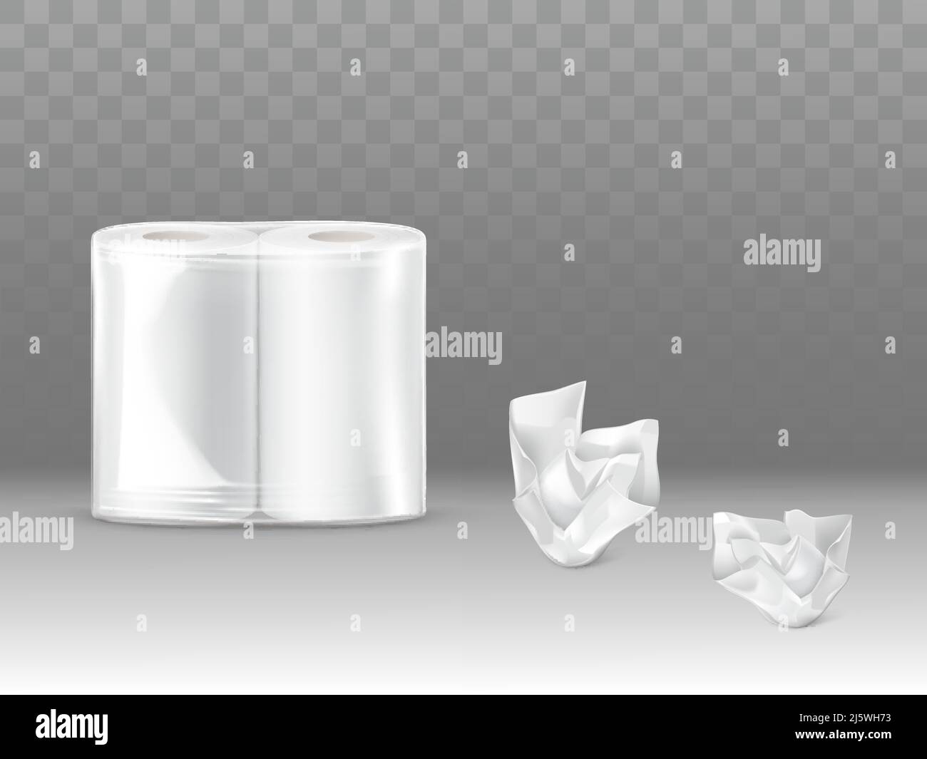 Toilettenpapier, Küchenpapiertücher Pack 3D realistischer Vektor-Mockup mit zwei Papierrollen, versiegelt in Kunststoff oder Polyethylen, zerknittert, gebrauchte Servietten 3D r Stock Vektor