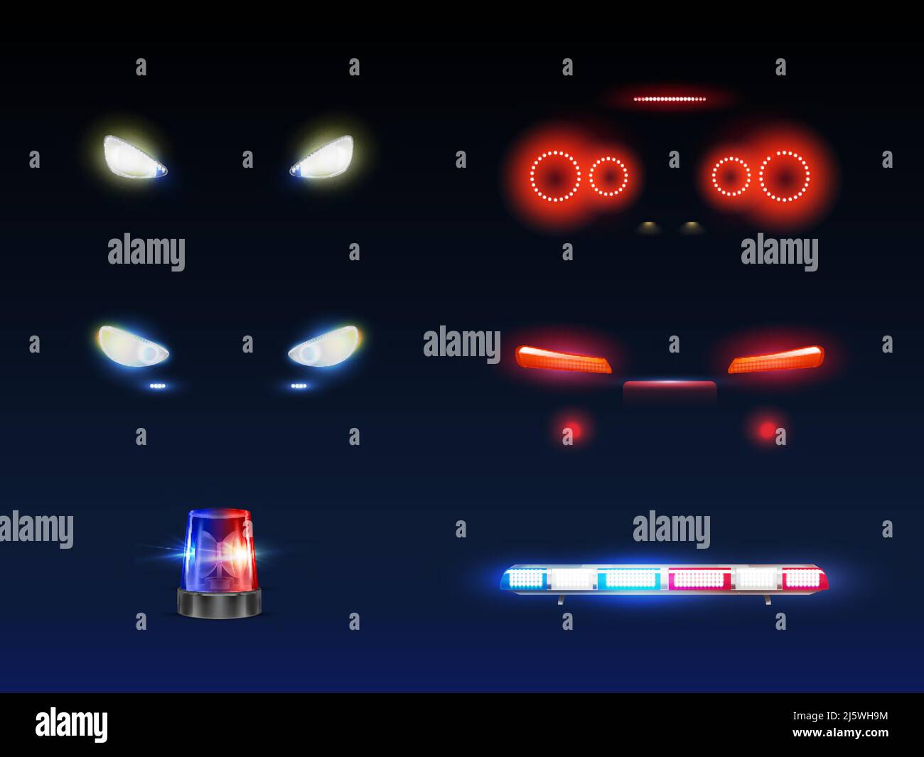 Moderne Fahrzeugfront, Rückscheinwerfer, rotierende und blinkende Polizei-  oder Krankenwagen-Autoleuchte und Lichtleiste leuchten weiß, rot und blau  3D realistische Vektor Stock-Vektorgrafik - Alamy