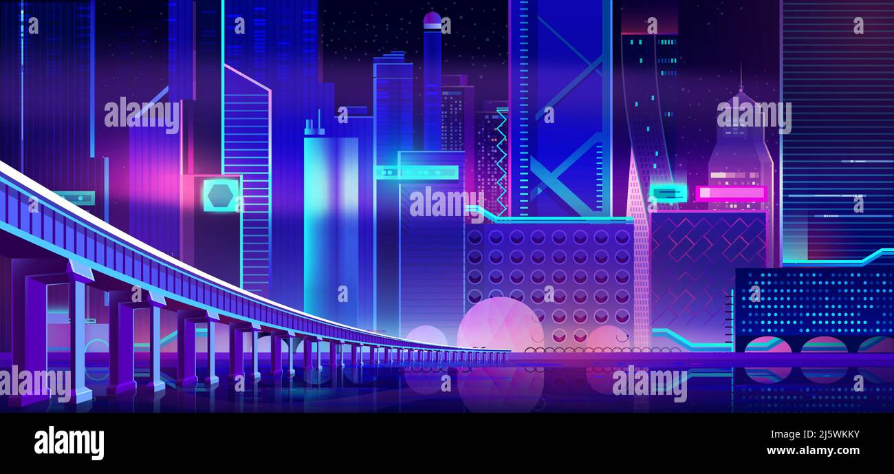 Nachtstadt mit Neonlicht und Brücke über der Wasserbucht. Futuristische beleuchtete Stadtarchitektur, Panoramablick auf das Stadtbild, moderne Megapolis Stock Vektor