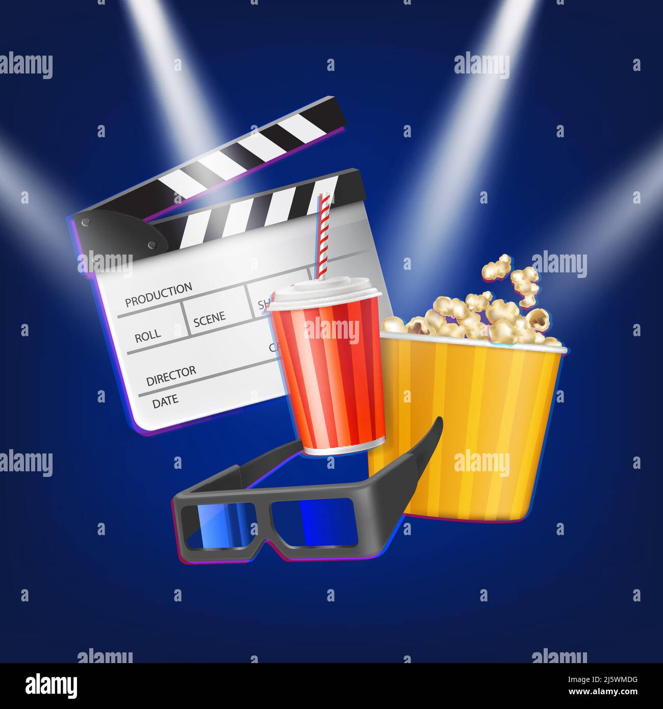 Kinoklapper, Popcorn, 3D Gläser und Getränk. Filmindustrie und Zubehör unter Scheinwerferstrahlen auf blauem Hintergrund isoliert ansehen. Cinem Stock Vektor