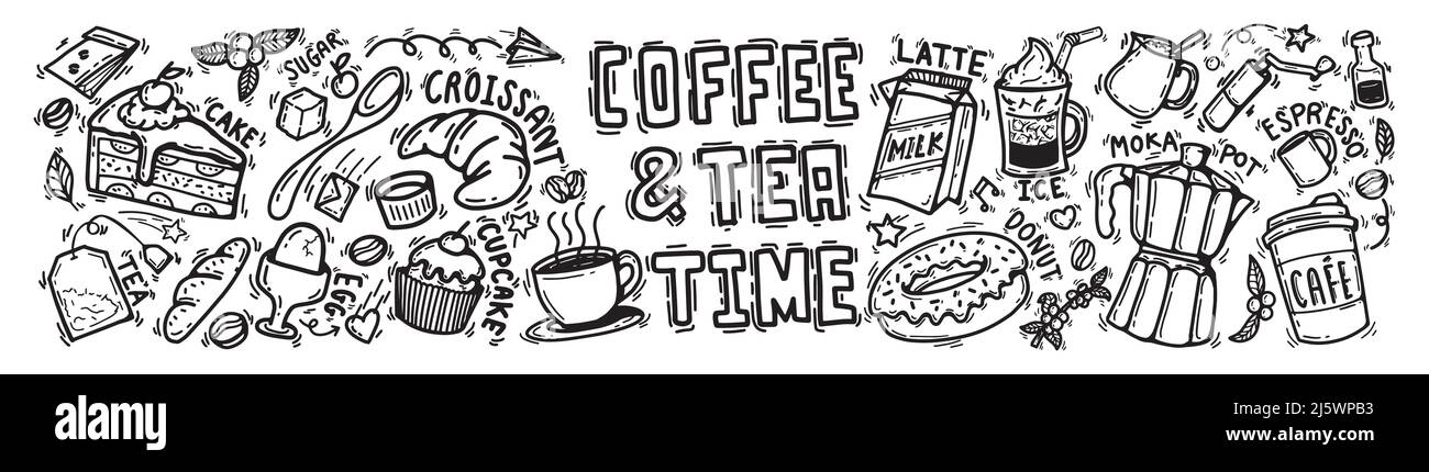 Cute Doodle Cartoon Coffee Shop Icons. vektor-Umriss Hand für Kaffee und Bäckerei für Café-Menü gezeichnet, einschließlich Versorgungsmaterial Element und Ausrüstung isoliert Stock Vektor