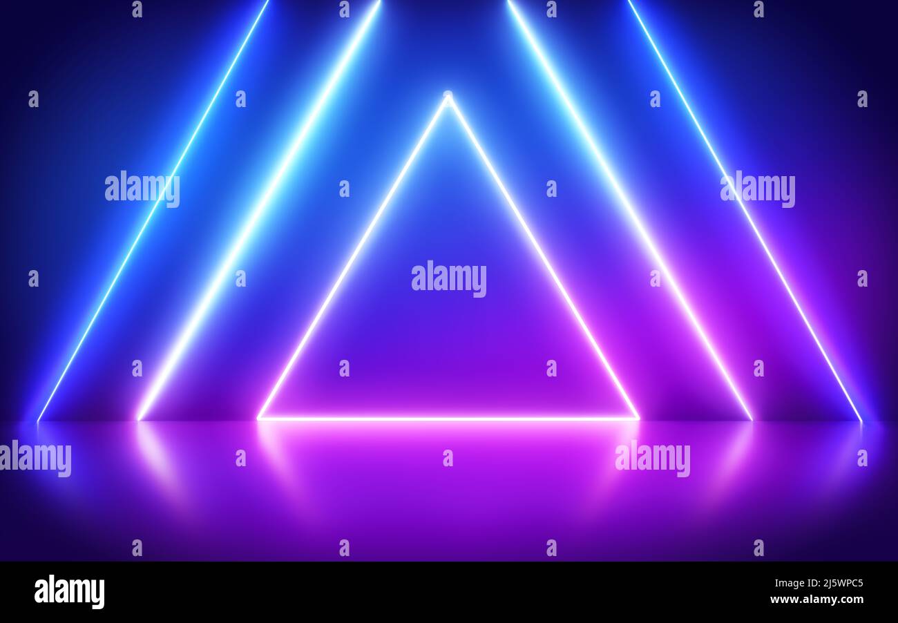Abstraktes Neon-Dreieck auf reflektierendem Hintergrund. Leuchtender Rahmen. Design-Poster, Banner für Clubs, Bars oder Cafés. Stockfoto