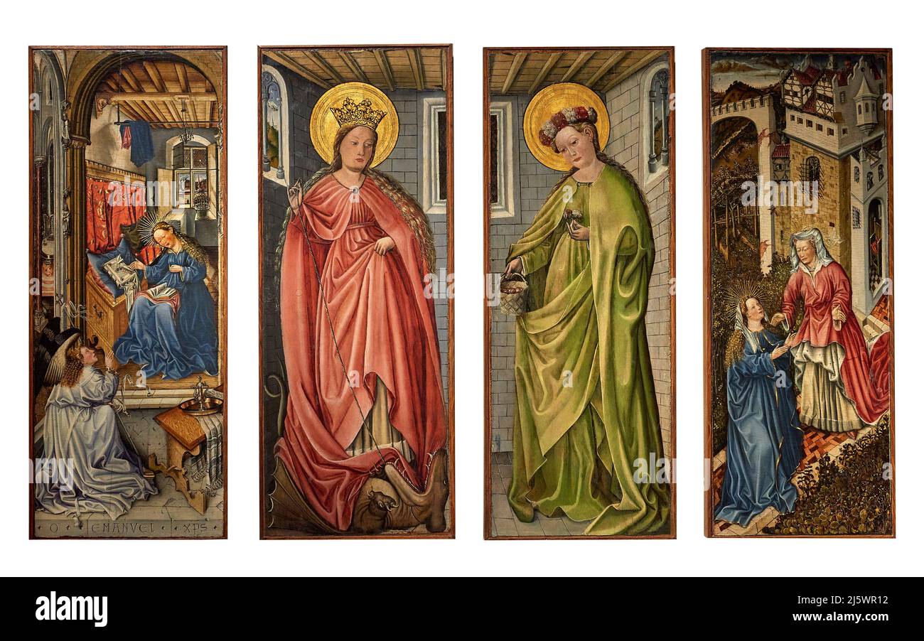 Annunciazione, S. Margherita, S. Dorotea e Visitazione - olio su tavola - pittore della Germania meridionale della metà del XV secolo - Modena,Itali Stockfoto